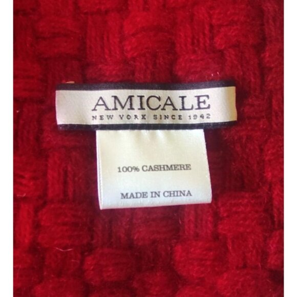 Amicale 100% Cashmere Red Woven Scarf With Fringe Ends 66x10 Inches - Picture 6 of 10